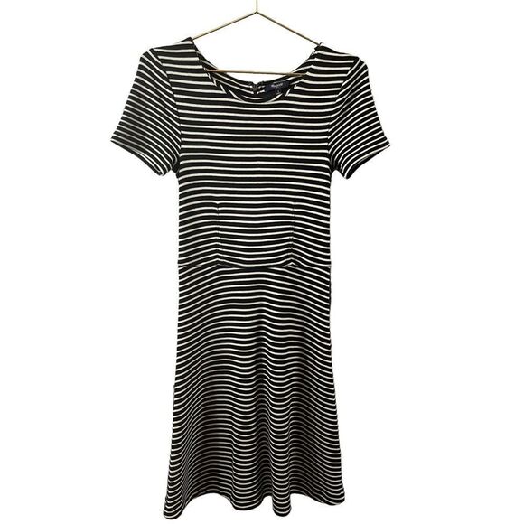 MADEWELL Gallerist Black White Stripes Fit Flare Dress Size Small - Picture 2 of 10